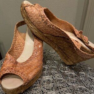 Eric Michael Woven Leather Peep-Toe Slingback Heel 38EU Neutral Natural Brown